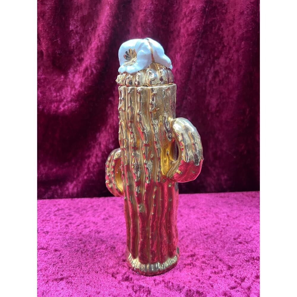 Vintage Home Decor - Lidded Ceramic Container - Gold Saguaro Cactus - Arizona - Picture 7 of 8
